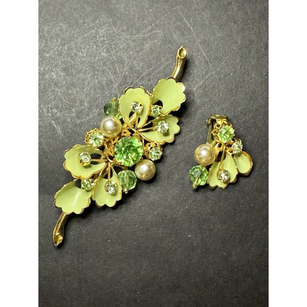 Vintage Austria Green Enamel Rhinestone Brooch & Single Clip Earring 1950s